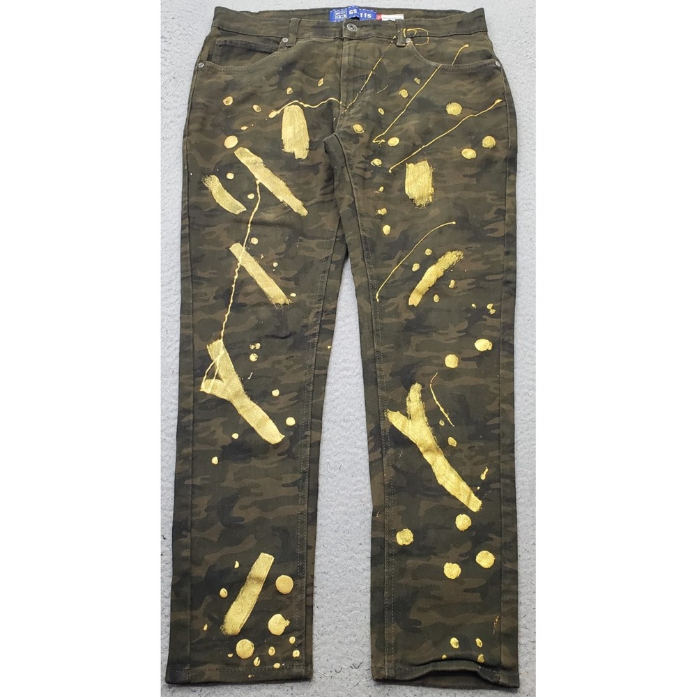 GS-115 Straight Jeans Womens 34 Multi Denim Camouflage Brushstroke Print Detail
